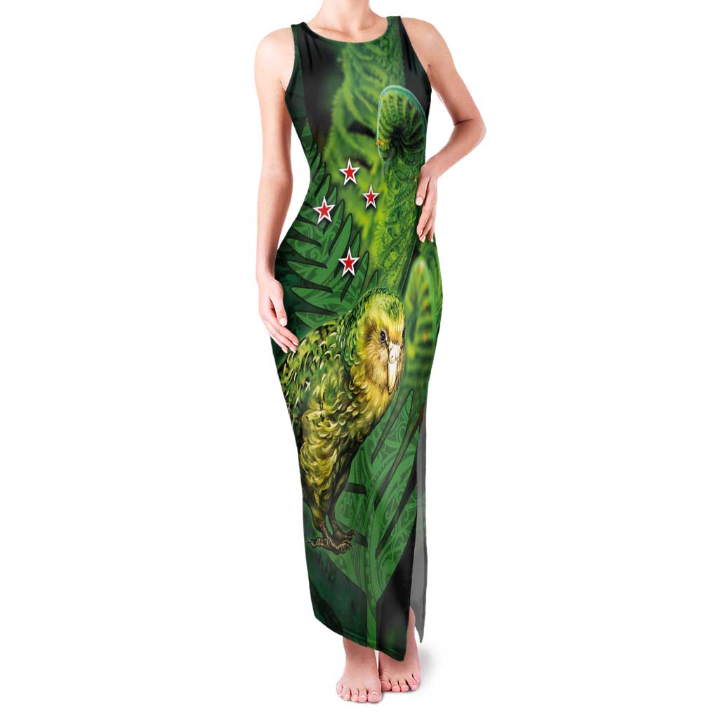 New Zealand Kkp Family Matching Tank Maxi Dress and Hawaiian Shirt Silver Fern with Close up of Green Fern Leaves and Maori Tattoo LT03 Mom's Dress Green - Polynesian Pride