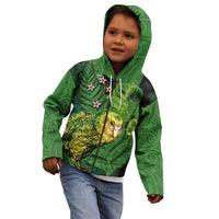 New Zealand Kkp Kid Hoodie Silver Fern with Close up of Green Fern Leaves and Maori Tattoo LT03 - Polynesian Pride