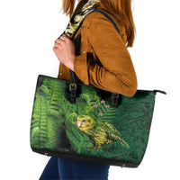 New Zealand Kkp Leather Tote Bag Silver Fern with Close up of Green Fern Leaves and Maori Tattoo LT03 Green - Polynesian Pride