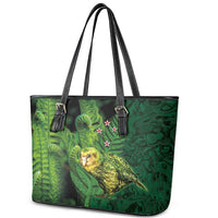 New Zealand Kkp Leather Tote Bag Silver Fern with Close up of Green Fern Leaves and Maori Tattoo LT03 - Polynesian Pride