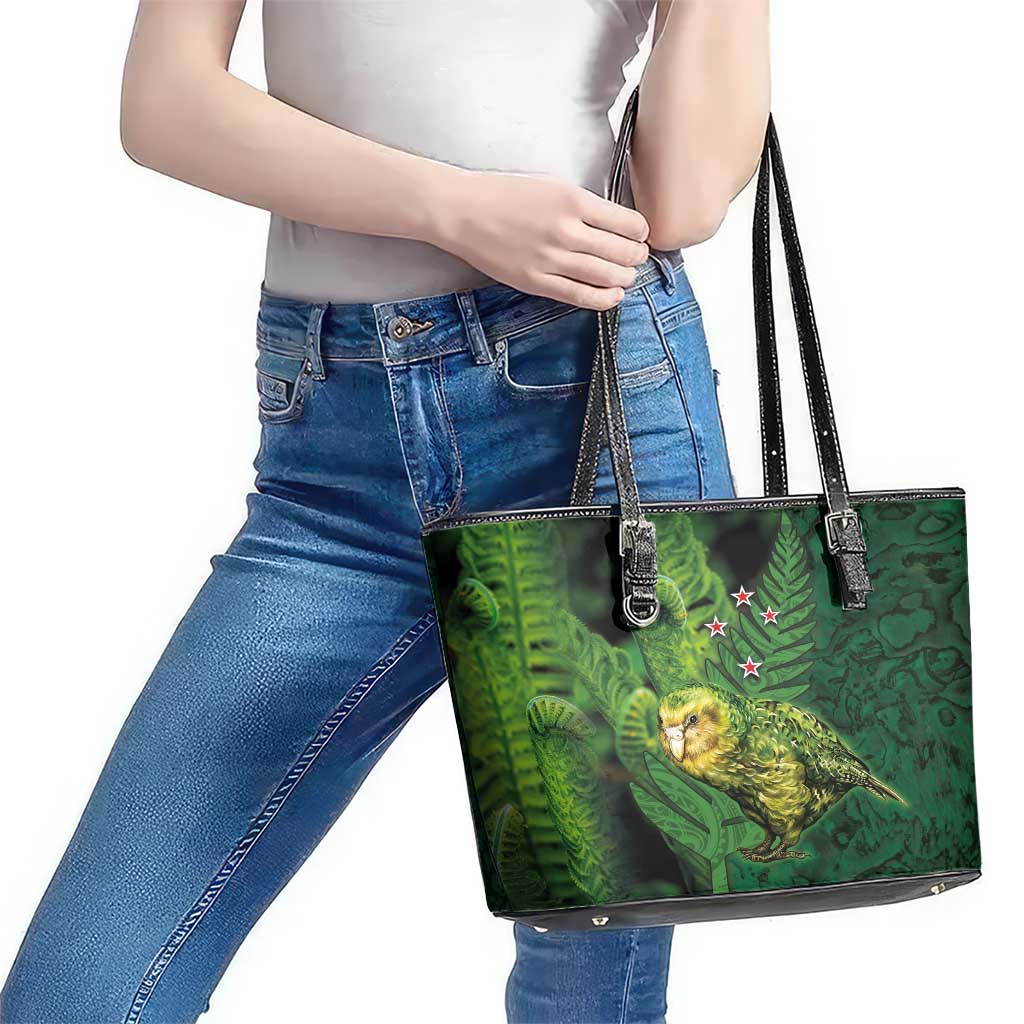 New Zealand Kkp Leather Tote Bag Silver Fern with Close up of Green Fern Leaves and Maori Tattoo LT03 - Polynesian Pride