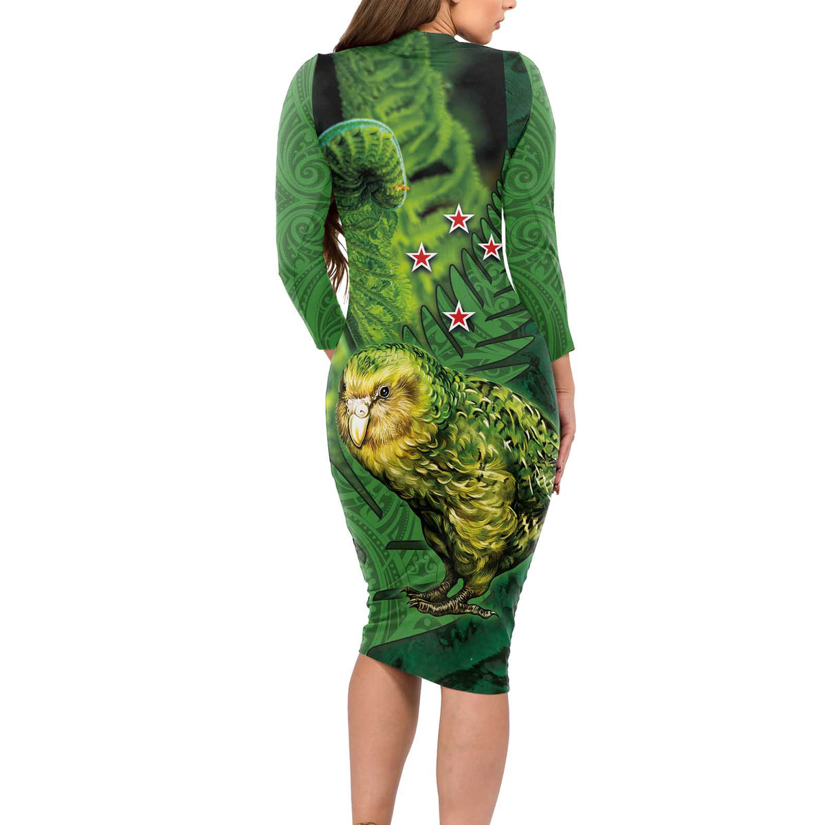 New Zealand Kkp Long Sleeve Bodycon Dress Silver Fern with Close up of Green Fern Leaves and Maori Tattoo LT03 - Polynesian Pride