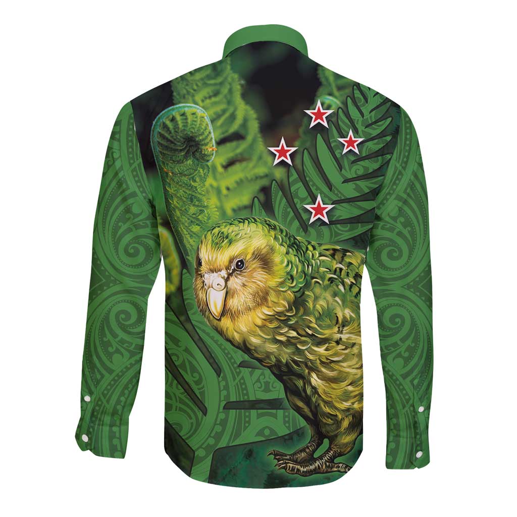 New Zealand Kkp Long Sleeve Button Shirt Silver Fern with Close up of Green Fern Leaves and Maori Tattoo LT03 - Polynesian Pride
