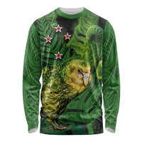 New Zealand Kkp Long Sleeve Shirt Silver Fern with Close up of Green Fern Leaves and Maori Tattoo LT03 Unisex Green - Polynesian Pride