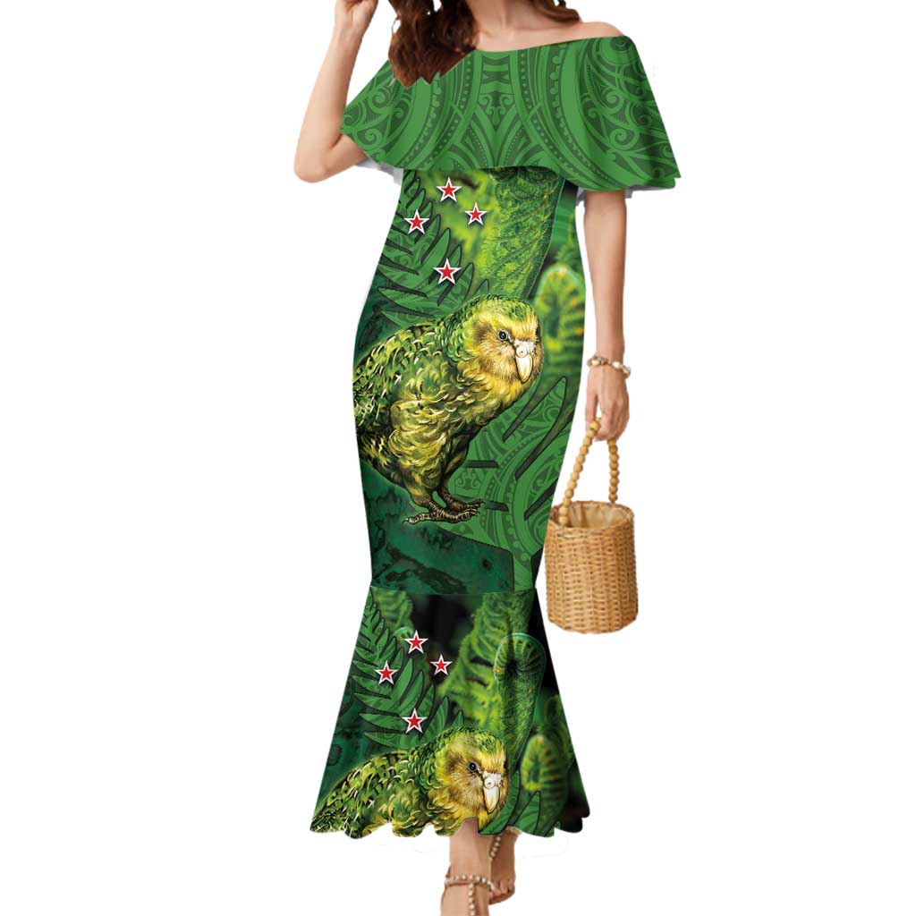 New Zealand Kkp Mermaid Dress Silver Fern with Close up of Green Fern Leaves and Maori Tattoo LT03 Women Green - Polynesian Pride