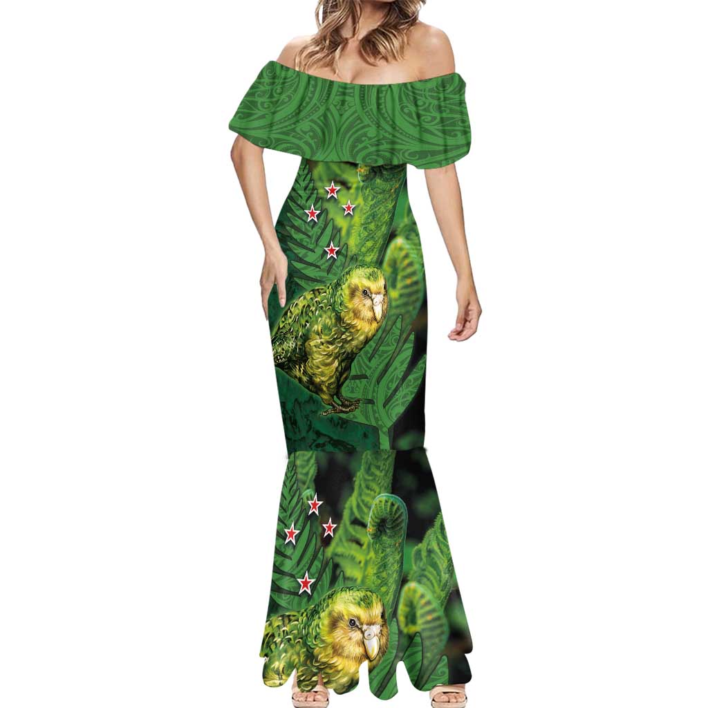 New Zealand Kkp Mermaid Dress Silver Fern with Close up of Green Fern Leaves and Maori Tattoo LT03 - Polynesian Pride