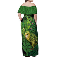 New Zealand Kkp Off Shoulder Maxi Dress Silver Fern with Close up of Green Fern Leaves and Maori Tattoo LT03 - Polynesian Pride
