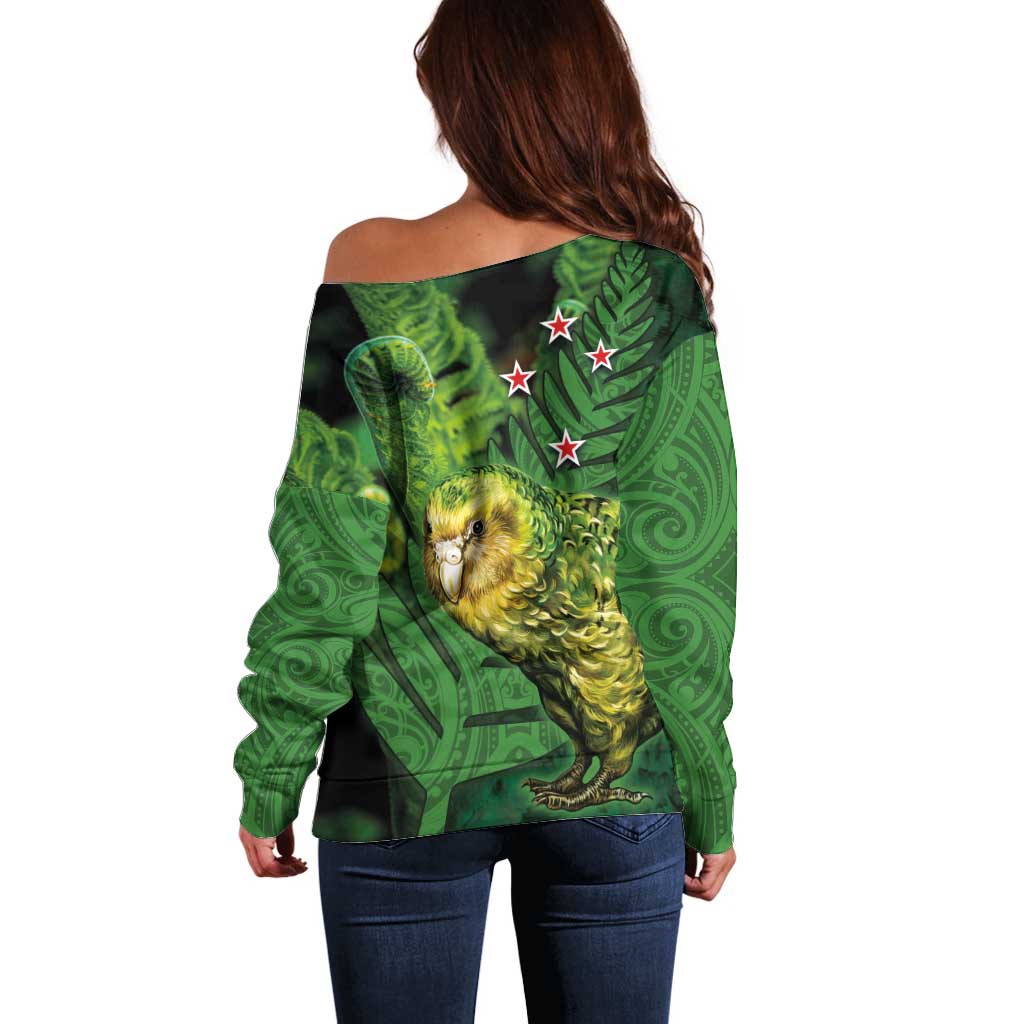 New Zealand Kkp Off Shoulder Sweater Silver Fern with Close up of Green Fern Leaves and Maori Tattoo LT03 - Polynesian Pride