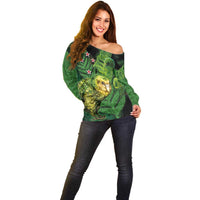 New Zealand Kkp Off Shoulder Sweater Silver Fern with Close up of Green Fern Leaves and Maori Tattoo LT03 - Polynesian Pride