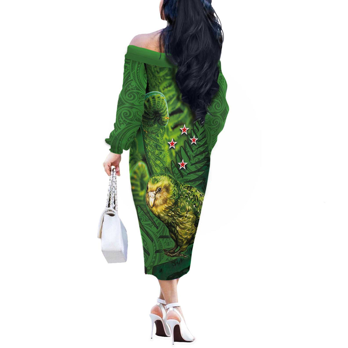 New Zealand Kkp Off The Shoulder Long Sleeve Dress Silver Fern with Close up of Green Fern Leaves and Maori Tattoo LT03 - Polynesian Pride