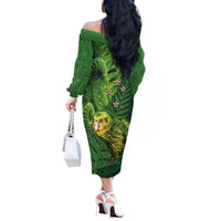 New Zealand Kkp Off The Shoulder Long Sleeve Dress Silver Fern with Close up of Green Fern Leaves and Maori Tattoo LT03 - Polynesian Pride