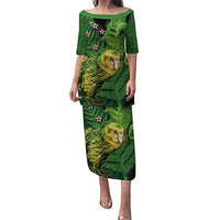 New Zealand Kkp Puletasi Silver Fern with Close up of Green Fern Leaves and Maori Tattoo LT03 Long Dress Green - Polynesian Pride