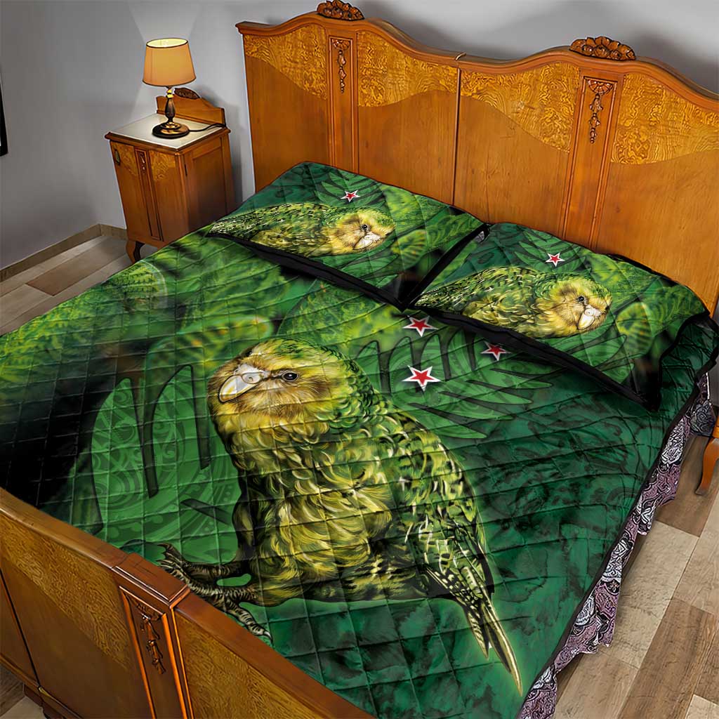 New Zealand Kkp Quilt Bed Set Silver Fern with Close up of Green Fern Leaves and Maori Tattoo LT03 - Polynesian Pride