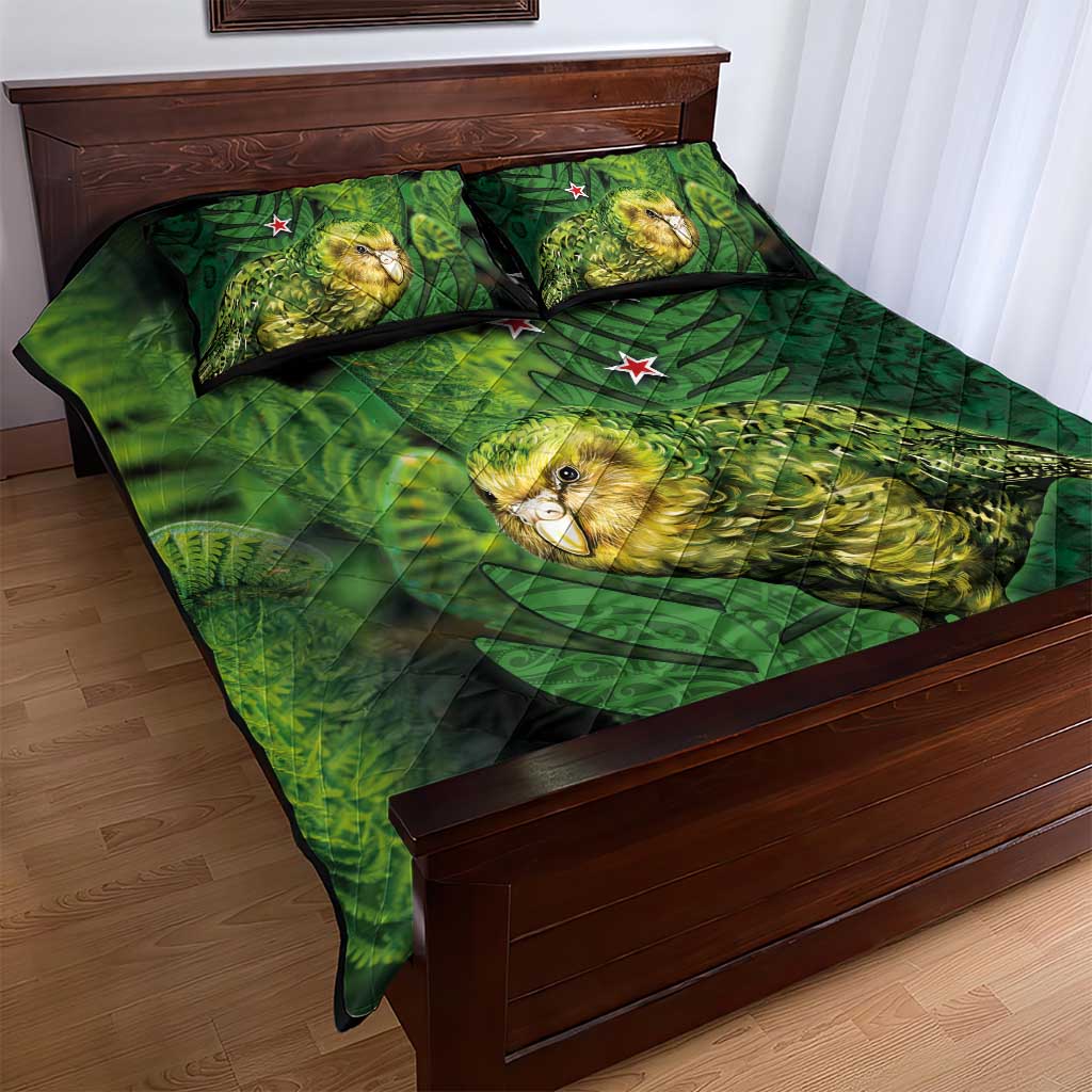 New Zealand Kkp Quilt Bed Set Silver Fern with Close up of Green Fern Leaves and Maori Tattoo LT03 - Polynesian Pride