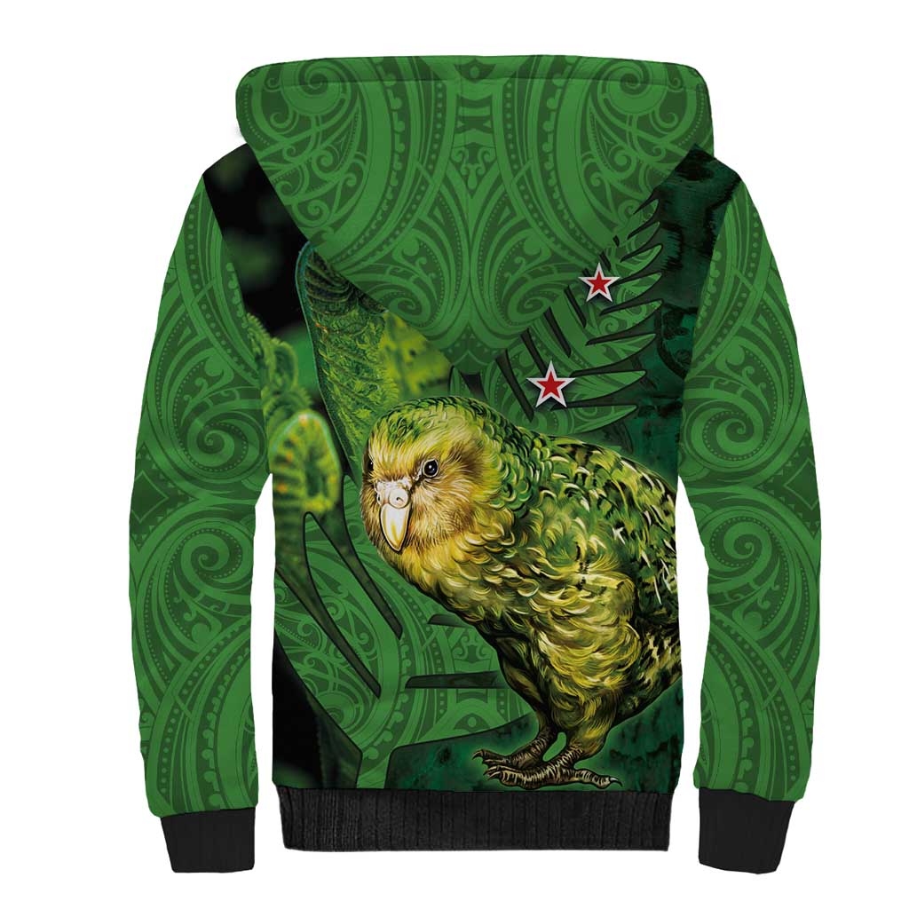New Zealand Kkp Sherpa Hoodie Silver Fern with Close up of Green Fern Leaves and Maori Tattoo LT03 - Polynesian Pride