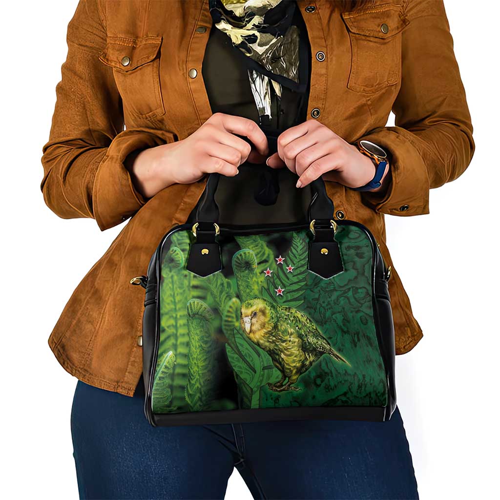 New Zealand Kkp Shoulder Handbag Silver Fern with Close up of Green Fern Leaves and Maori Tattoo LT03 - Polynesian Pride