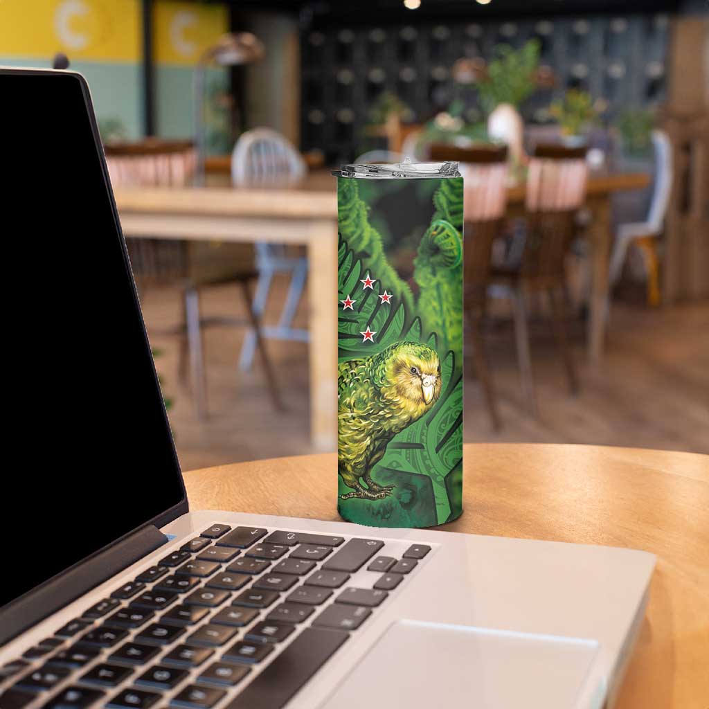 New Zealand Kkp Skinny Tumbler Silver Fern with Close up of Green Fern Leaves and Maori Tattoo LT03 - Polynesian Pride