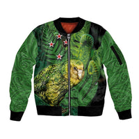 New Zealand Kkp Sleeve Zip Bomber Jacket Silver Fern with Close up of Green Fern Leaves and Maori Tattoo LT03 Unisex Green - Polynesian Pride