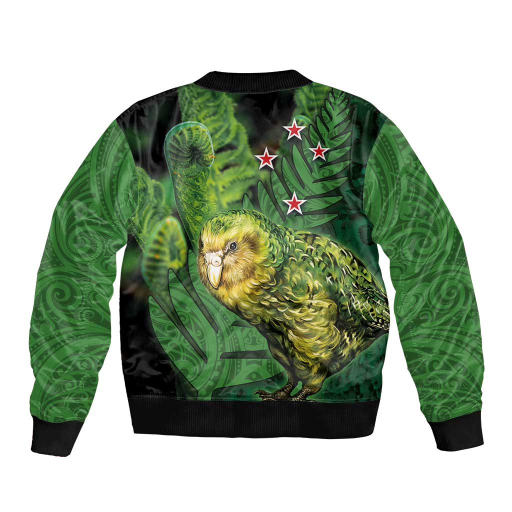 New Zealand Kkp Sleeve Zip Bomber Jacket Silver Fern with Close up of Green Fern Leaves and Maori Tattoo LT03 - Polynesian Pride