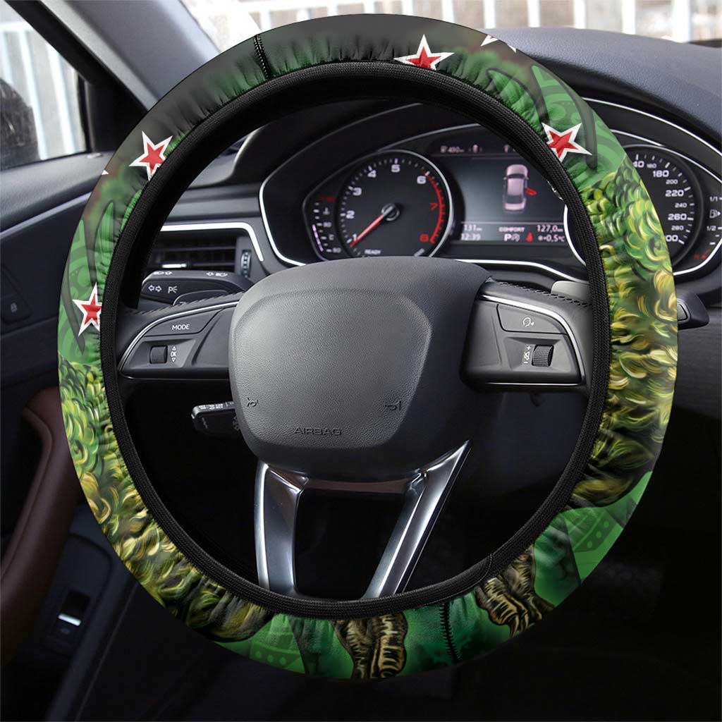 New Zealand Kkp Steering Wheel Cover Silver Fern with Close up of Green Fern Leaves and Maori Tattoo LT03 - Polynesian Pride