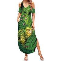 New Zealand Kkp Summer Maxi Dress Silver Fern with Close up of Green Fern Leaves and Maori Tattoo LT03 Women Green - Polynesian Pride