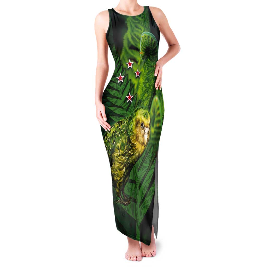 New Zealand Kkp Tank Maxi Dress Silver Fern with Close up of Green Fern Leaves and Maori Tattoo LT03 Women Green - Polynesian Pride