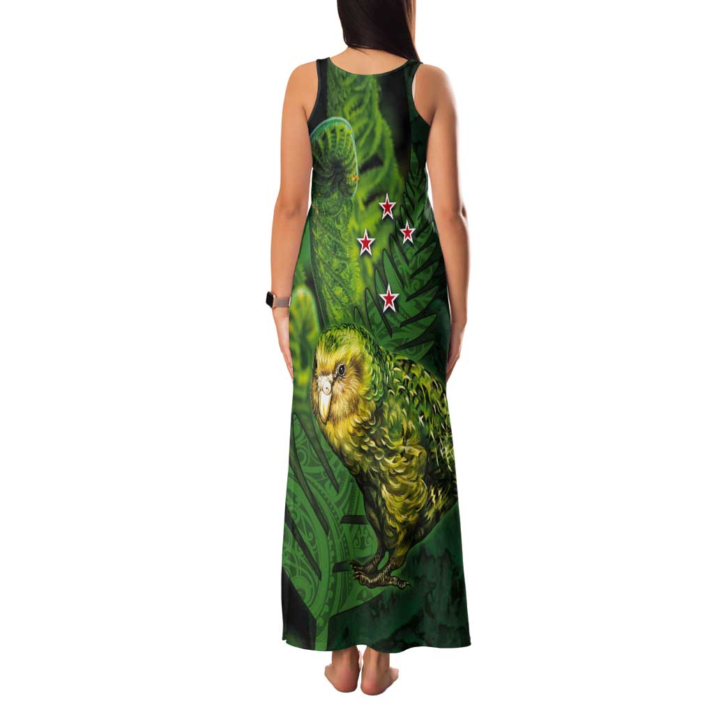New Zealand Kkp Tank Maxi Dress Silver Fern with Close up of Green Fern Leaves and Maori Tattoo LT03 - Polynesian Pride
