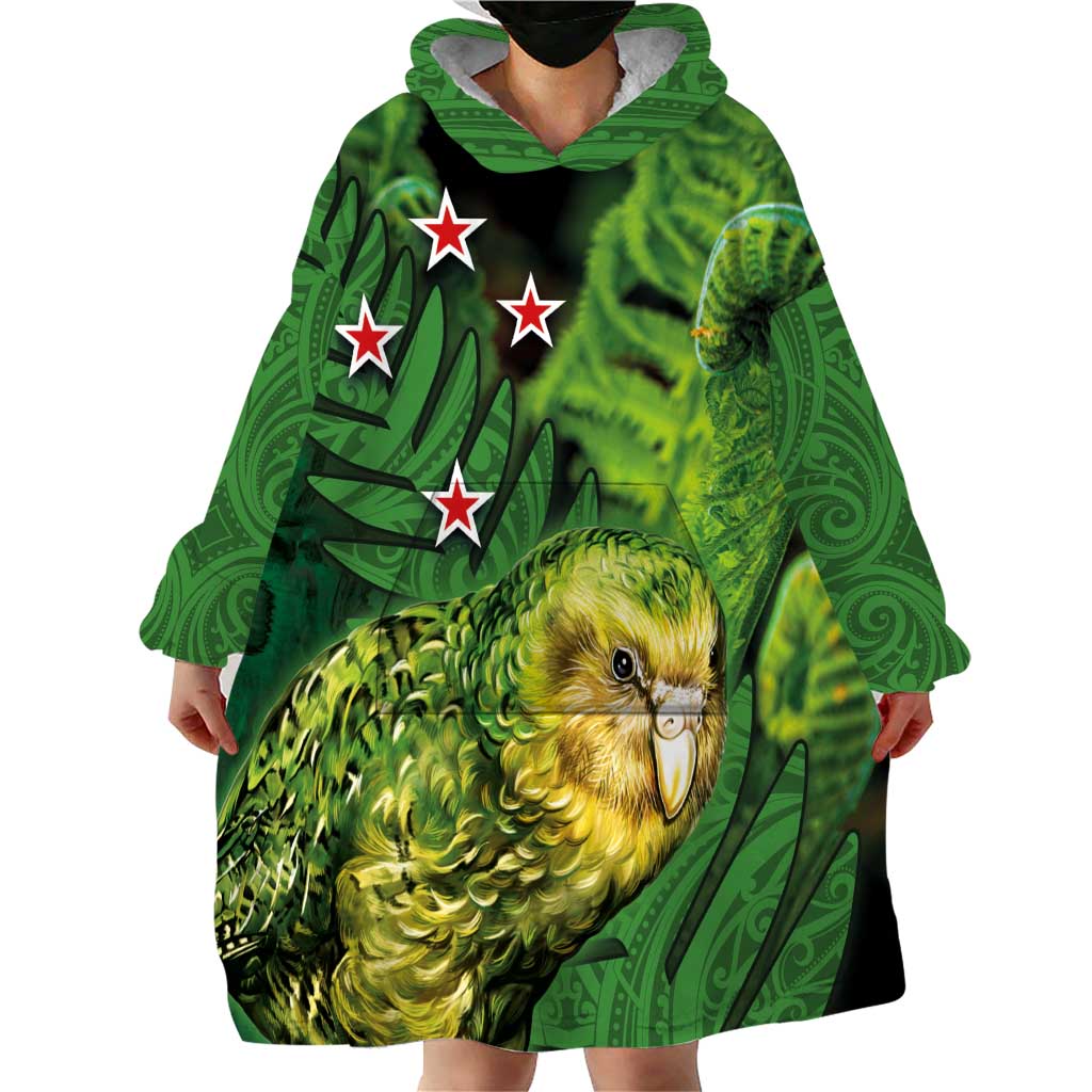 New Zealand Kkp Wearable Blanket Hoodie Silver Fern with Close up of Green Fern Leaves and Maori Tattoo LT03 - Polynesian Pride