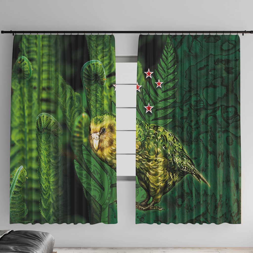 New Zealand Kkp Window Curtain Silver Fern with Close up of Green Fern Leaves and Maori Tattoo LT03 With Hooks Green - Polynesian Pride