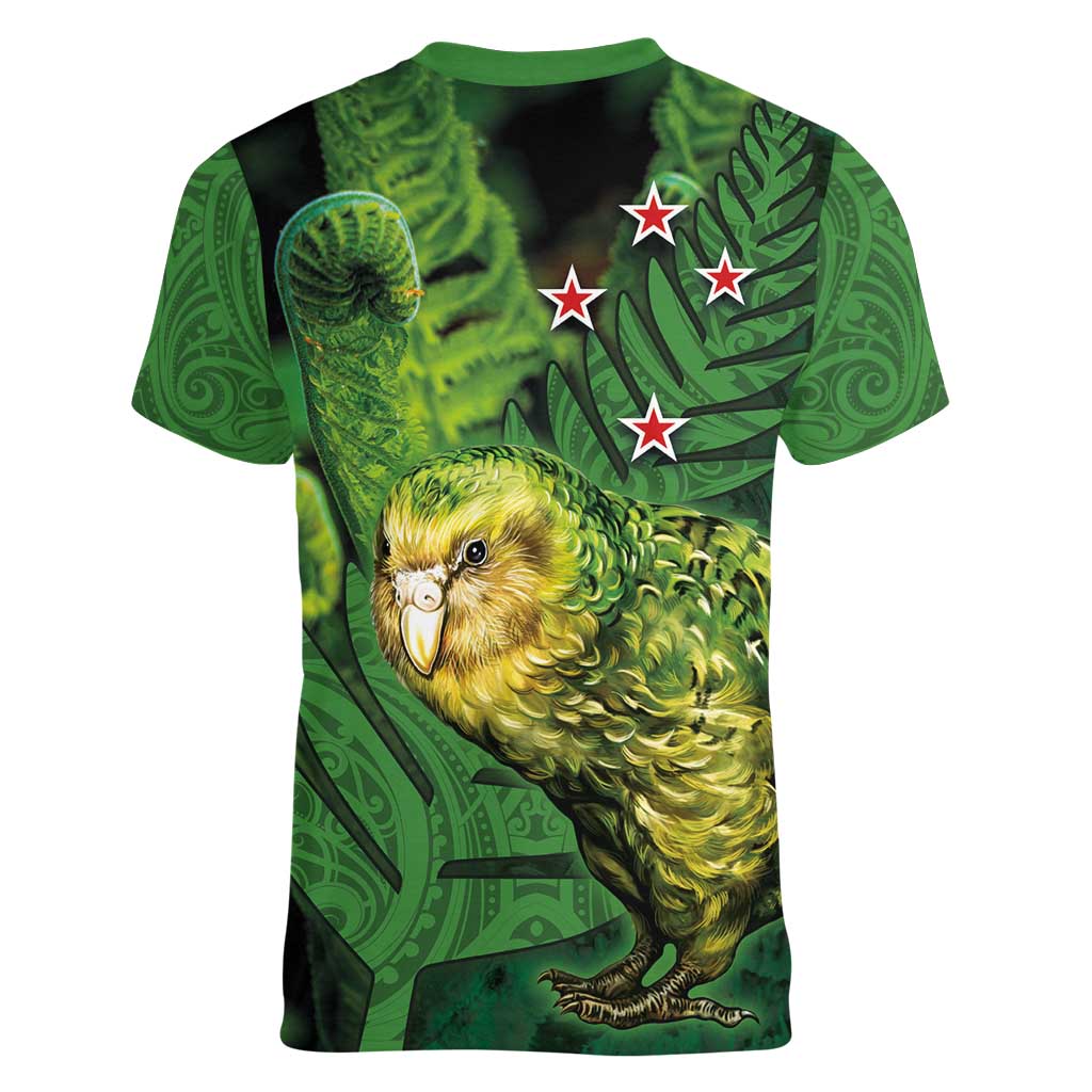 New Zealand Kākāpō Women V-Neck T-Shirt Silver Fern with Close up of Green Fern Leaves and Maori Tattoo