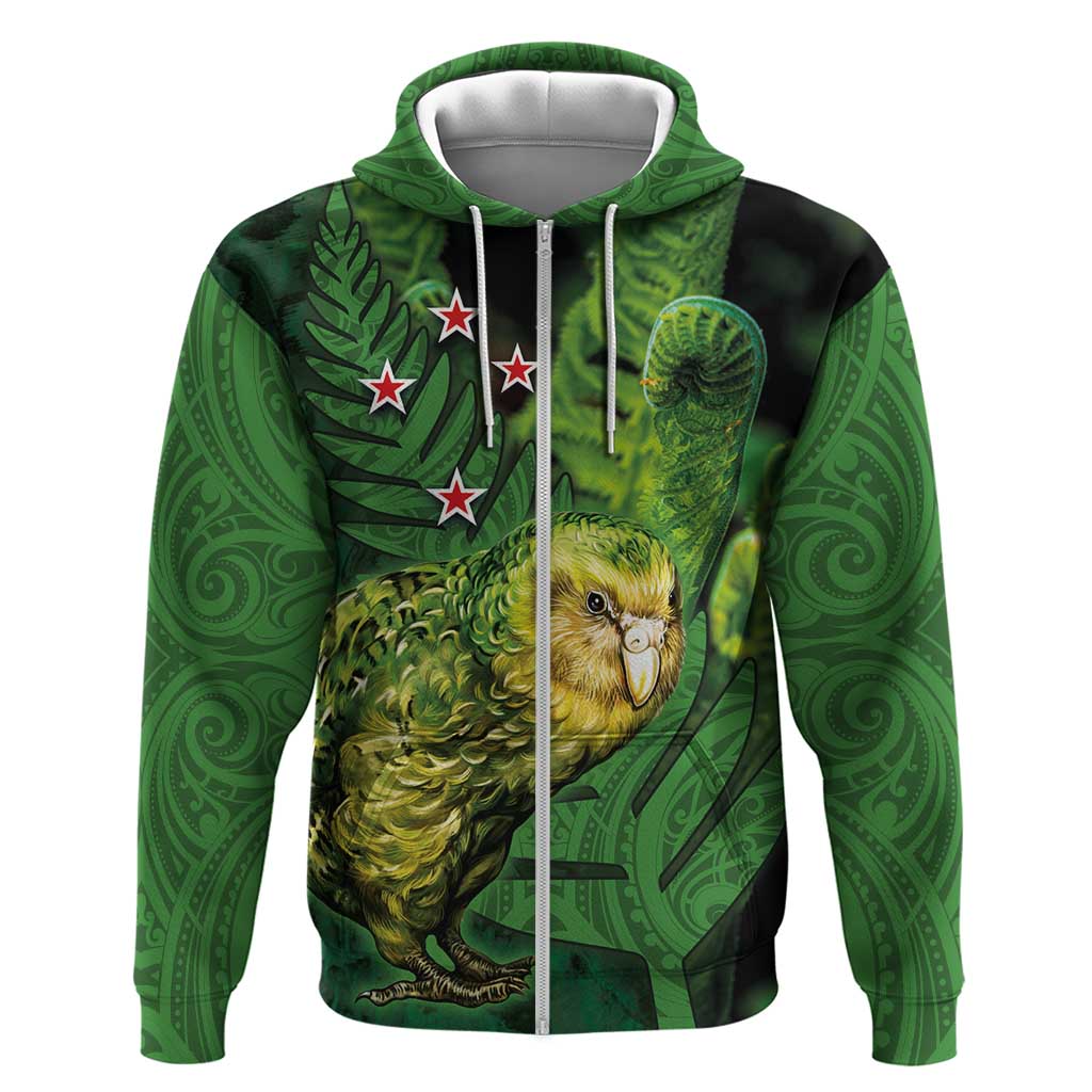 New Zealand Kkp Zip Hoodie Silver Fern with Close up of Green Fern Leaves and Maori Tattoo LT03 Zip Hoodie Green - Polynesian Pride