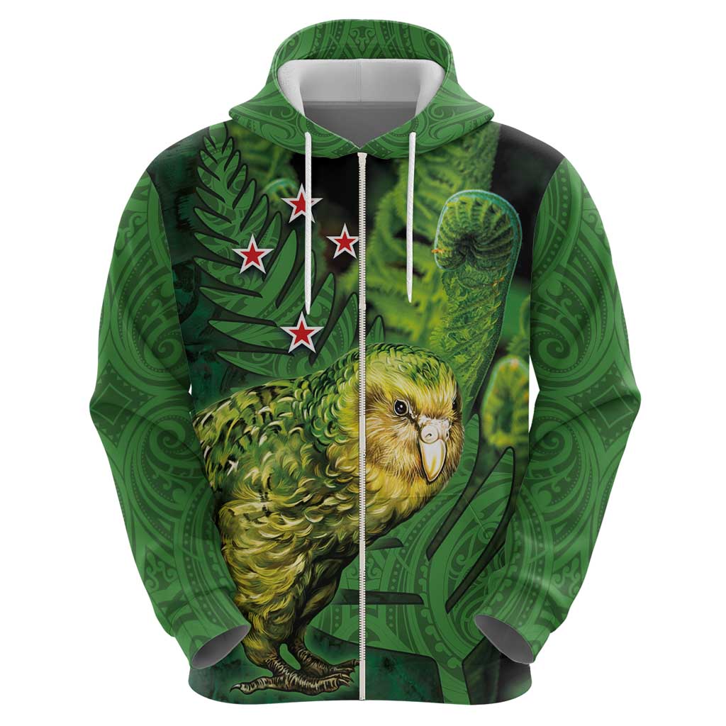 New Zealand Kkp Zip Hoodie Silver Fern with Close up of Green Fern Leaves and Maori Tattoo LT03 - Polynesian Pride