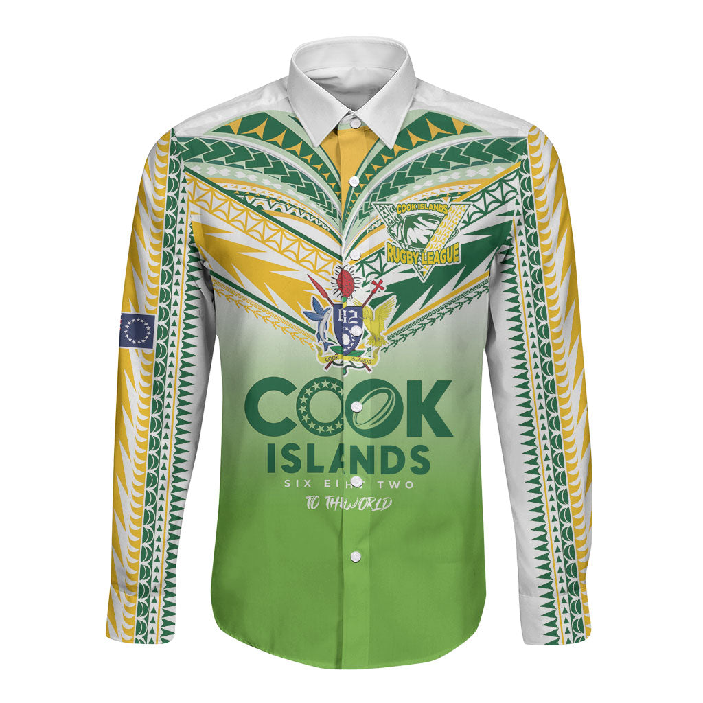 Cook Islands Rugby Long Sleeve Button Shirt Six Eight Two to The World - Tatau Tribal Motif