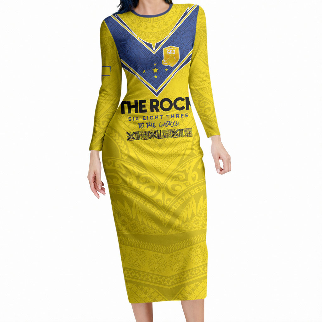 Niue Rugby Custom Long Sleeve Bodycon Dress Six Eight Three to The World - Hiapo Tribal Motif LT03 Long Dress Multicolor - Polynesian Pride