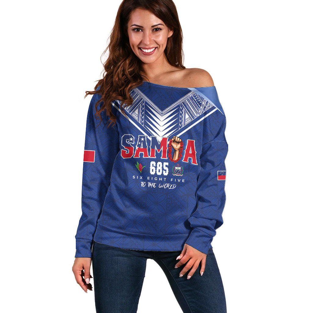 Samoa Rugby Custom Off Shoulder Sweater Six Eight Five to The World - Pacific Motif LT03 Women Multicolor - Polynesian Pride