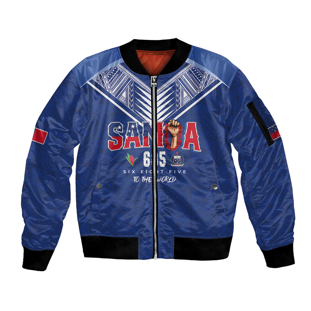 Samoa Rugby Custom Sleeve Zip Bomber Jacket Six Eight Five to The World - Pacific Motif LT03 Unisex Multicolor - Polynesian Pride