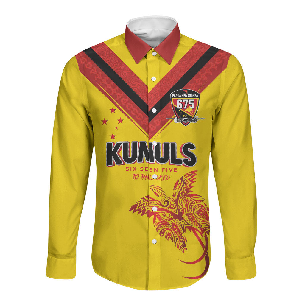 Papua New Guinea Rugby Custom Long Sleeve Button Shirt Six Seven Five to The World - Melanesian Pattern