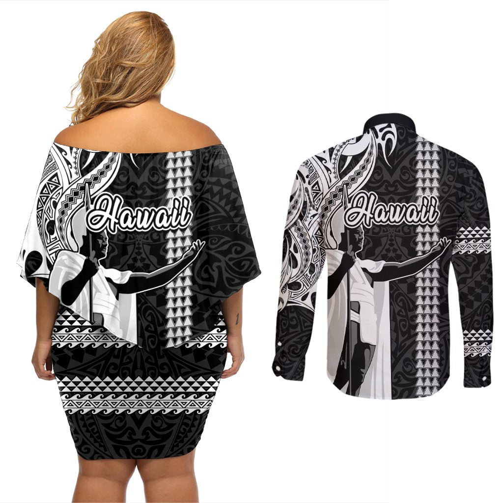 Hawaii Lanai Island Couples Matching Off Shoulder Short Dress and Long Sleeve Button Shirts Hawaiian King and Kakau Symbols Abstract Shoulder Tattoo LT03 - Polynesian Pride