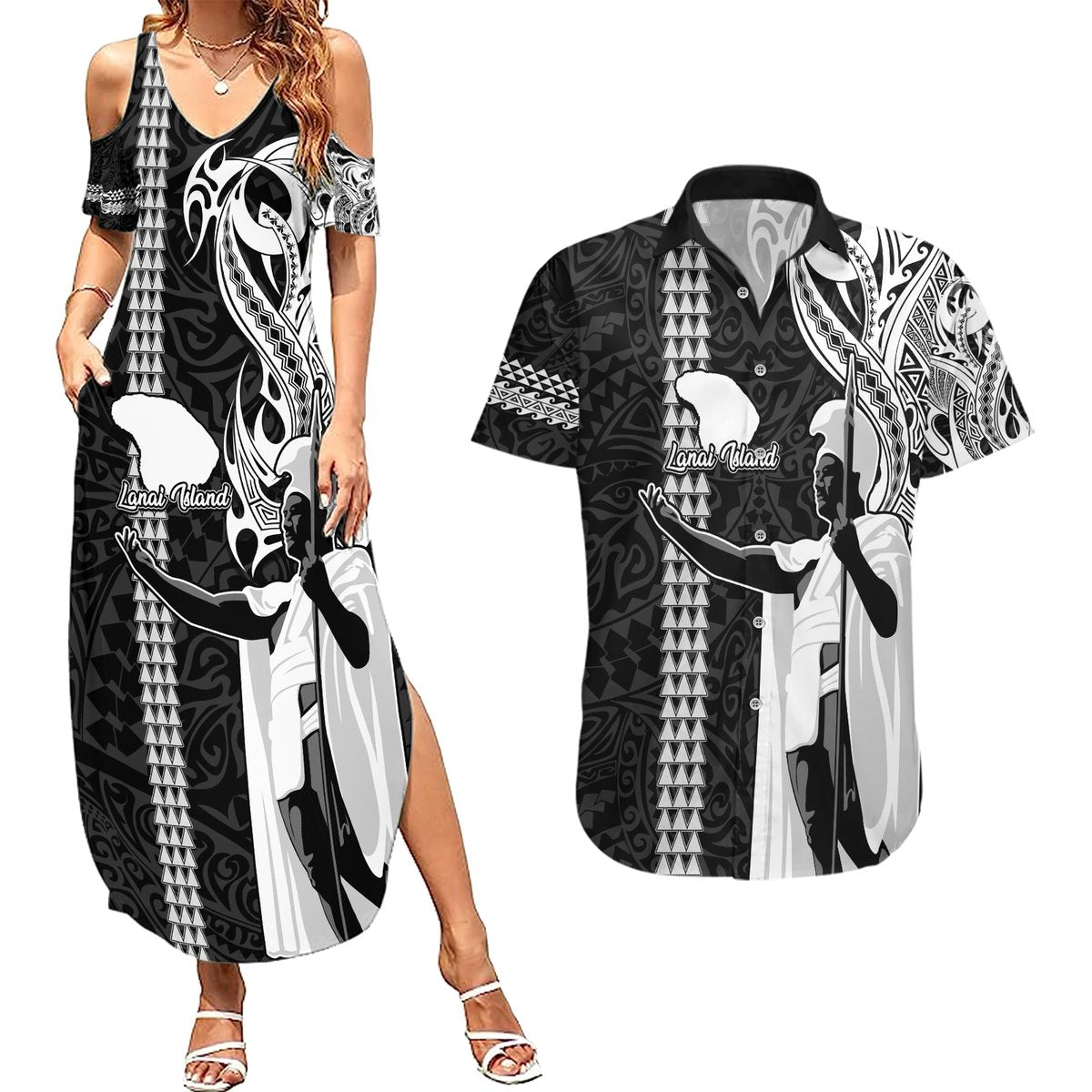 Hawaii Lanai Island Couples Matching Summer Maxi Dress and Hawaiian Shirt Hawaiian King and Kakau Symbols Abstract Shoulder Tattoo LT03 Black - Polynesian Pride