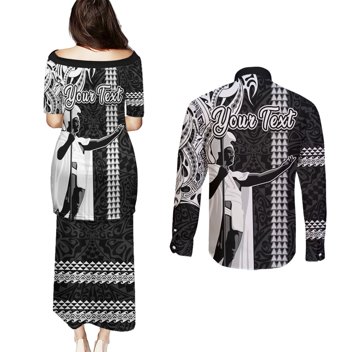 Custom Hawaii Lanai Island Couples Matching Puletasi Dress and Long Sleeve Button Shirts Hawaiian King and Kakau Symbols Abstract Shoulder Tattoo LT03 - Polynesian Pride
