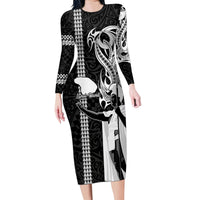 Custom Hawaii Lanai Island Family Matching Long Sleeve Bodycon Dress and Hawaiian Shirt Hawaiian King and Kakau Symbols Abstract Shoulder Tattoo LT03 Mom's Dress Black - Polynesian Pride