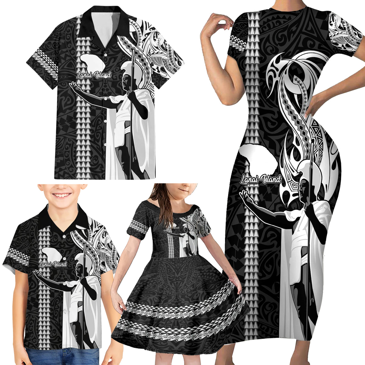 Custom Hawaii Lanai Island Family Matching Short Sleeve Bodycon Dress and Hawaiian Shirt Hawaiian King and Kakau Symbols Abstract Shoulder Tattoo LT03 - Polynesian Pride