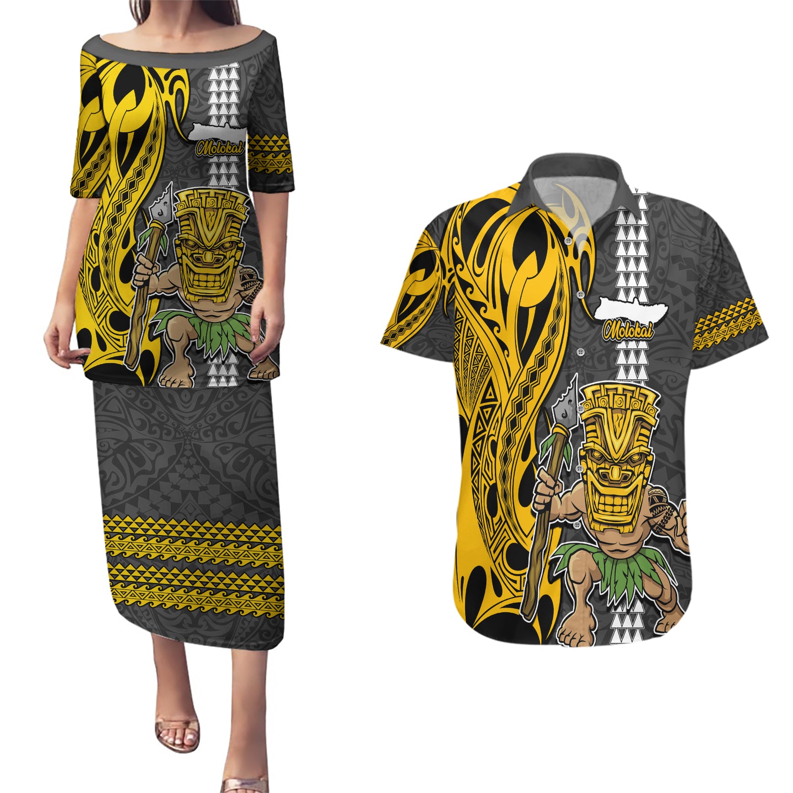 Hawaii Molokai Island Couples Matching Puletasi Dress and Hawaiian Shirt Hawaiian Warrior and Kakau Symbols Abstract Tattoo LT03 Yellow - Polynesian Pride