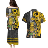Hawaii Molokai Island Couples Matching Puletasi Dress and Hawaiian Shirt Hawaiian Warrior and Kakau Symbols Abstract Tattoo LT03 - Polynesian Pride