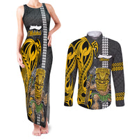 Hawaii Molokai Island Couples Matching Tank Maxi Dress and Long Sleeve Button Shirts Hawaiian Warrior and Kakau Symbols Abstract Tattoo LT03 Yellow - Polynesian Pride