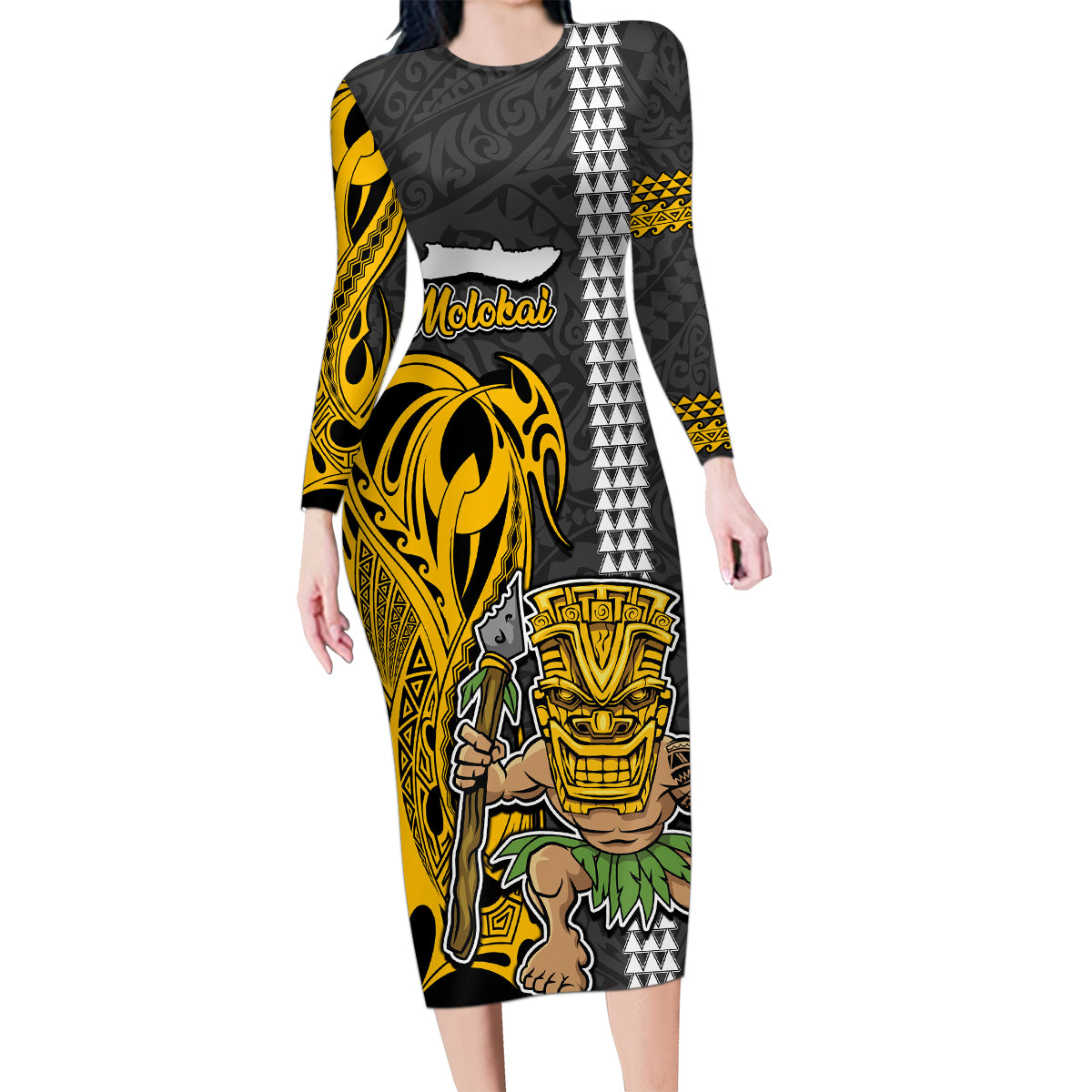 Hawaii Molokai Island Family Matching Long Sleeve Bodycon Dress and Hawaiian Shirt Hawaiian Warrior and Kakau Symbols Abstract Tattoo LT03 Mom's Dress Yellow - Polynesian Pride