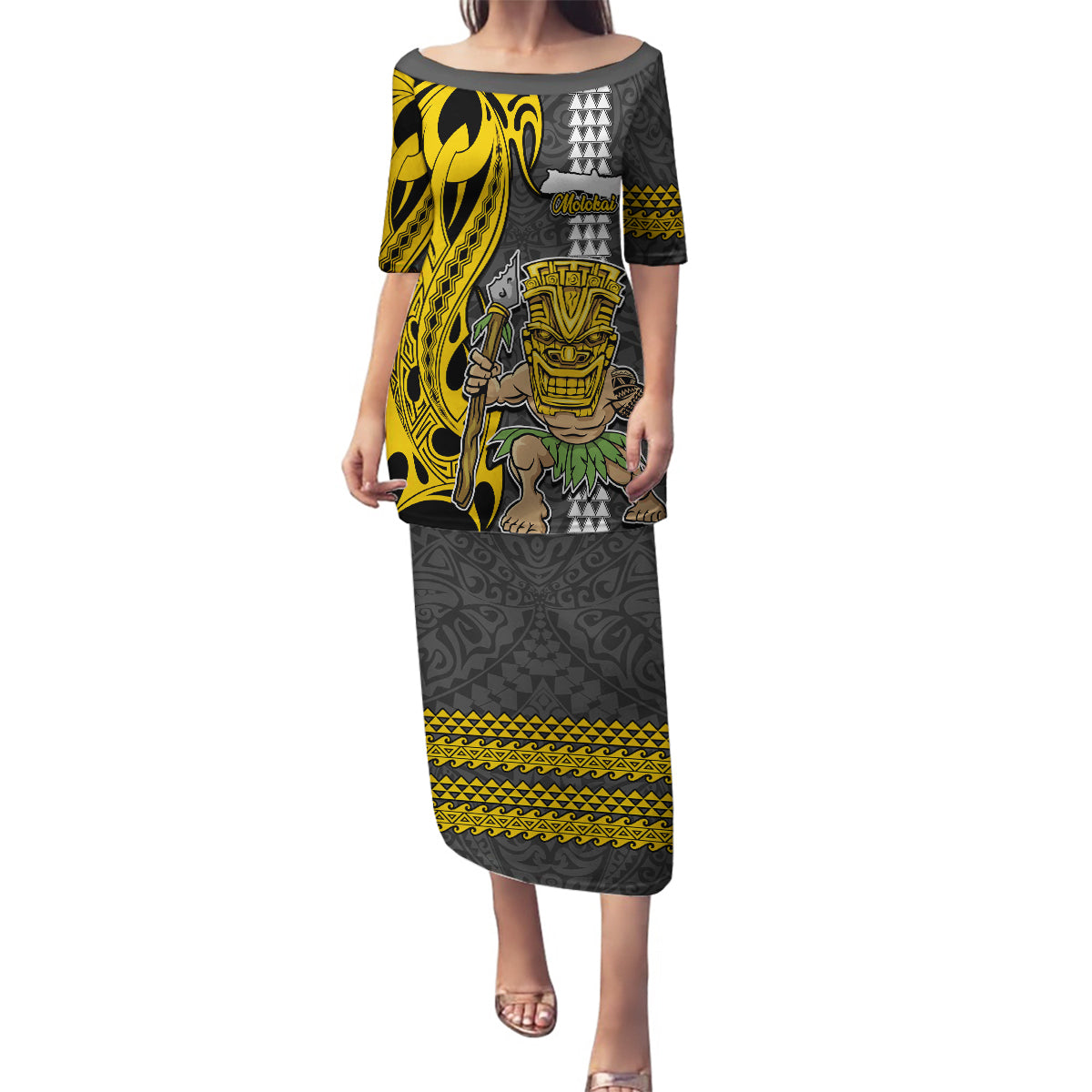 Hawaii Molokai Island Family Matching Puletasi Dress and Hawaiian Shirt Hawaiian Warrior and Kakau Symbols Abstract Tattoo LT03 Mom's Dress Yellow - Polynesian Pride