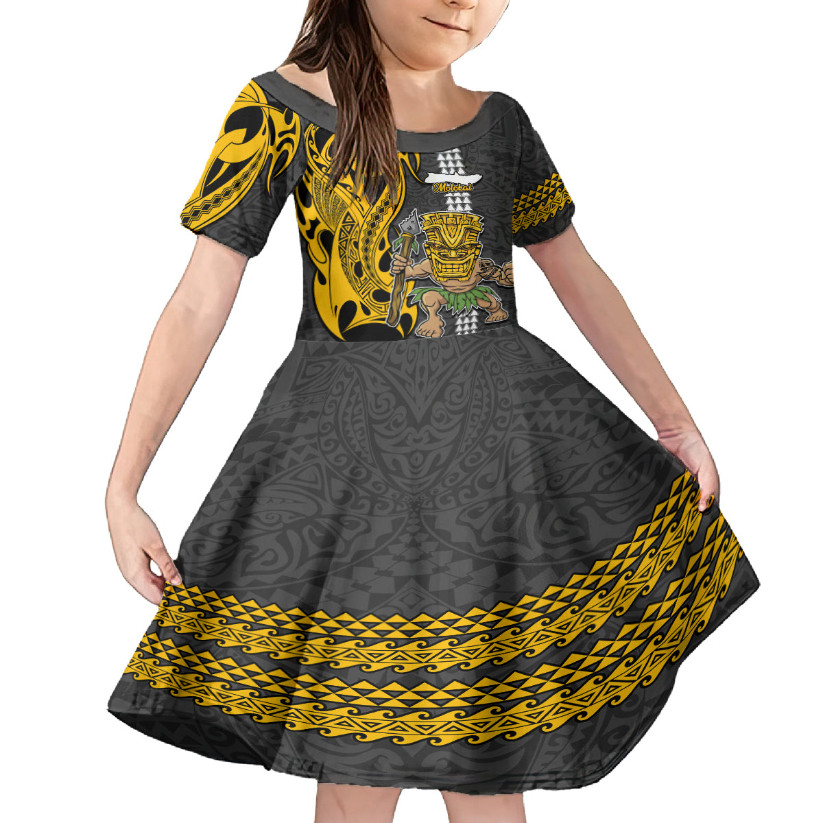 Hawaii Molokai Island Kid Short Sleeve Dress Hawaiian Warrior and Kakau Symbols Abstract Tattoo LT03 KID Yellow - Polynesian Pride