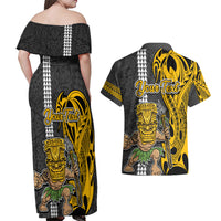 Custom Hawaii Molokai Island Couples Matching Off Shoulder Maxi Dress and Hawaiian Shirt Hawaiian Warrior and Kakau Symbols Abstract Tattoo LT03 - Polynesian Pride