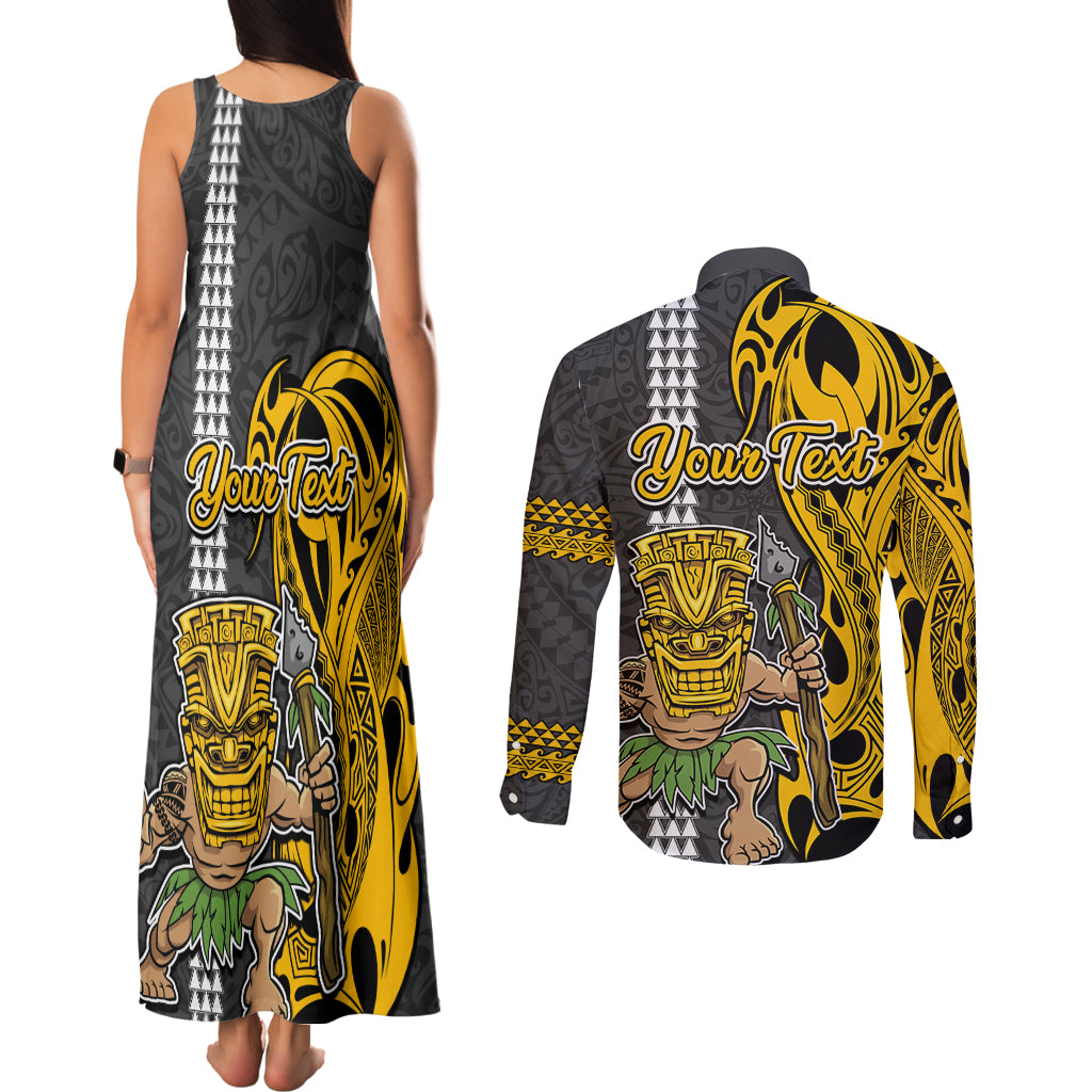 Custom Hawaii Molokai Island Couples Matching Tank Maxi Dress and Long Sleeve Button Shirts Hawaiian Warrior and Kakau Symbols Abstract Tattoo LT03 - Polynesian Pride